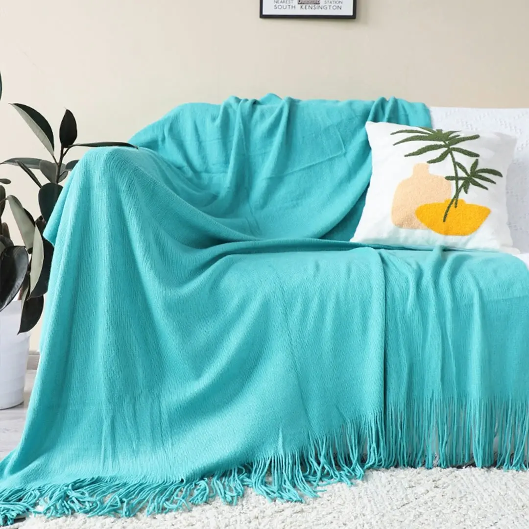 Soga Teal Acrylic Knitted Throw Blanket Solid Fringed Warm Cozy Woven Cover Couch Bed Sofa Home Decor