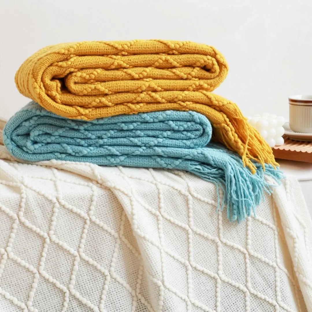 Soga Yellow Diamond Pattern Knitted Throw Blanket Warm Cozy Woven Cover Couch Bed Sofa Home Decor with Tassels