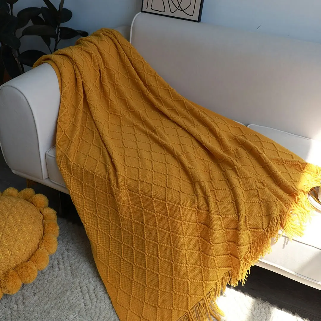 Soga Yellow Diamond Pattern Knitted Throw Blanket Warm Cozy Woven Cover Couch Bed Sofa Home Decor with Tassels