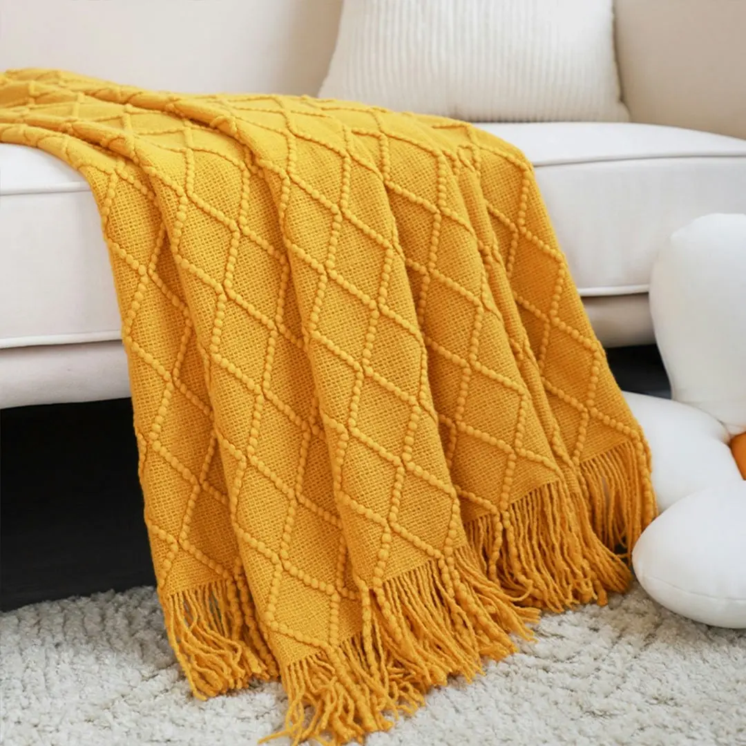 Soga Yellow Diamond Pattern Knitted Throw Blanket Warm Cozy Woven Cover Couch Bed Sofa Home Decor with Tassels