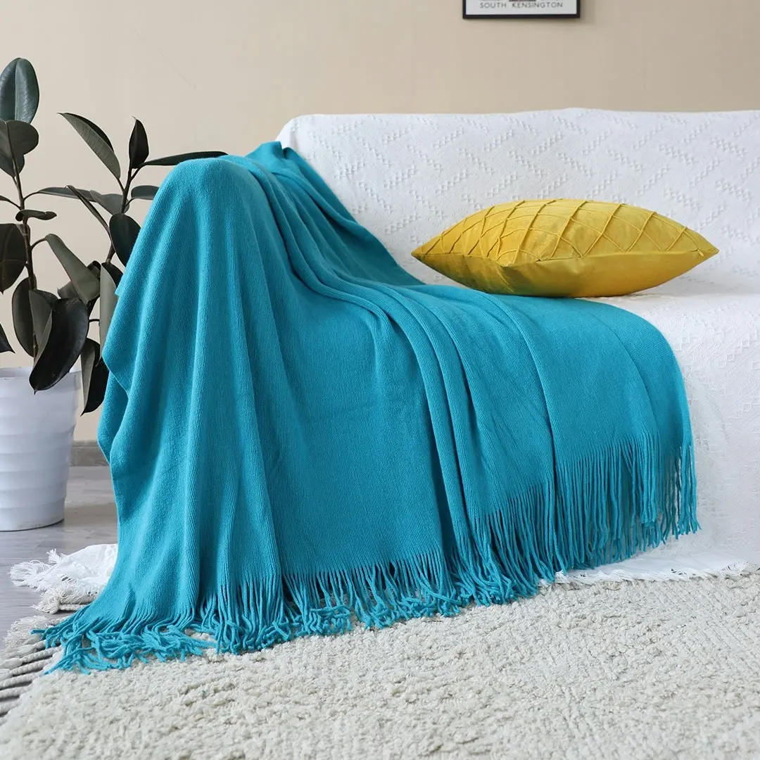 Soga Blue Acrylic Knitted Throw Blanket Solid Fringed Warm Cozy Woven Cover Couch Bed Sofa Home Decor