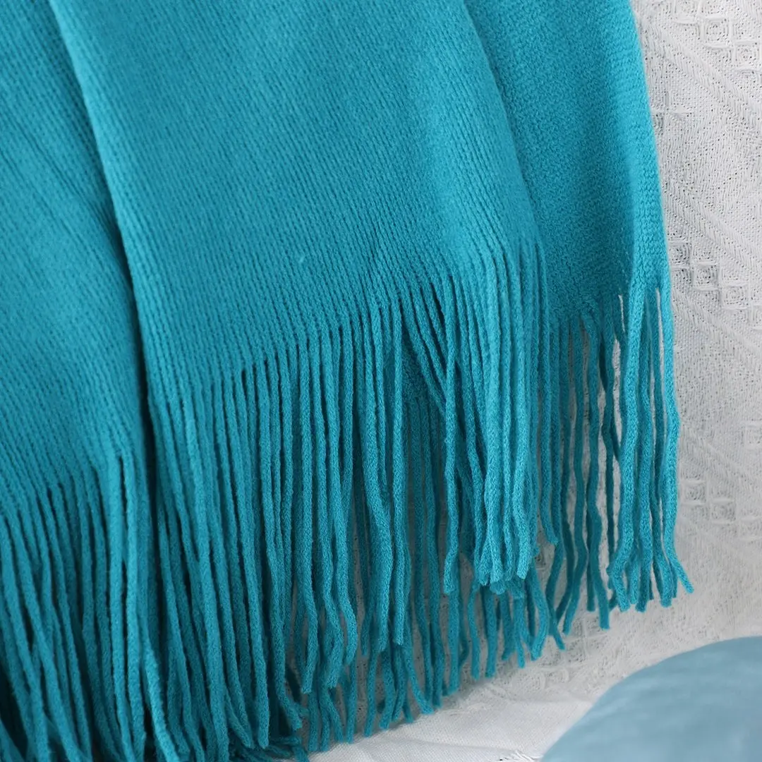 Soga Blue Acrylic Knitted Throw Blanket Solid Fringed Warm Cozy Woven Cover Couch Bed Sofa Home Decor