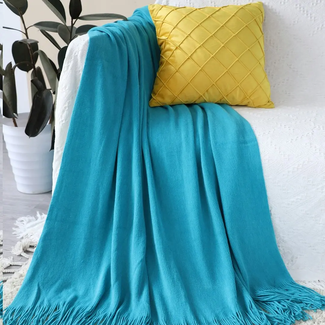 Soga Blue Acrylic Knitted Throw Blanket Solid Fringed Warm Cozy Woven Cover Couch Bed Sofa Home Decor