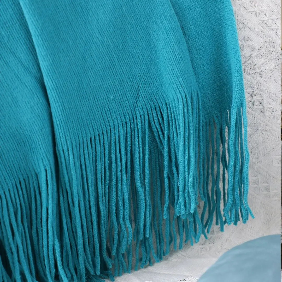 Soga Blue Acrylic Knitted Throw Blanket Solid Fringed Warm Cozy Woven Cover Couch Bed Sofa Home Decor