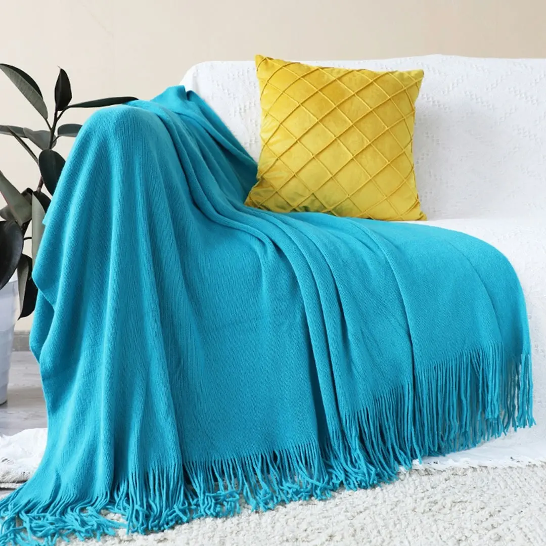 Soga Blue Acrylic Knitted Throw Blanket Solid Fringed Warm Cozy Woven Cover Couch Bed Sofa Home Decor