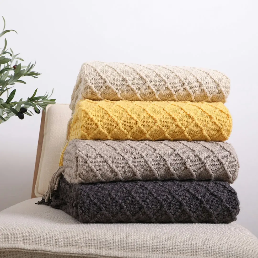 Soga Beige Diamond Pattern Knitted Throw Blanket Warm Cozy Woven Cover Couch Bed Sofa Home Decor with Tassels