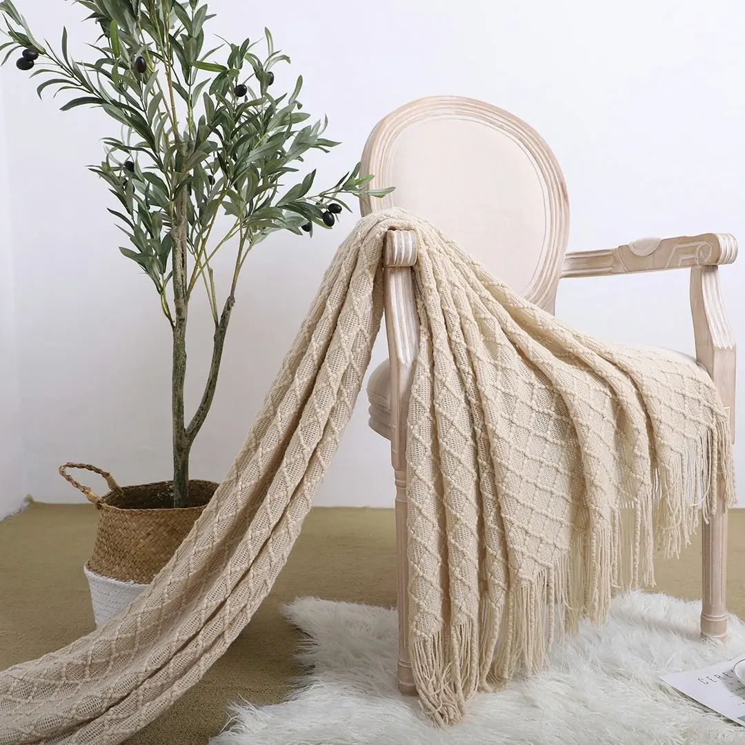 Soga Beige Diamond Pattern Knitted Throw Blanket Warm Cozy Woven Cover Couch Bed Sofa Home Decor with Tassels