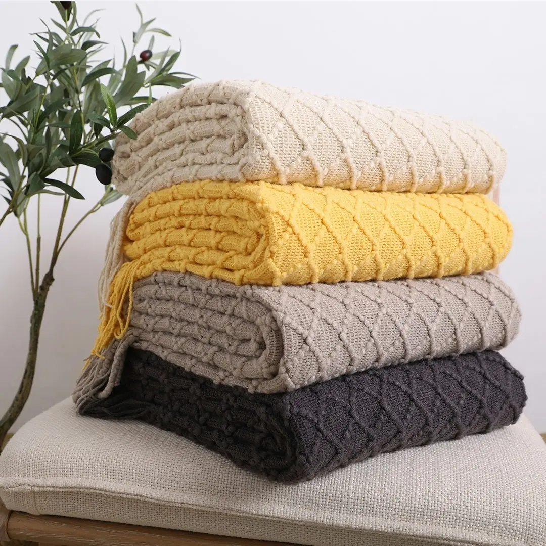 Soga Beige Diamond Pattern Knitted Throw Blanket Warm Cozy Woven Cover Couch Bed Sofa Home Decor with Tassels