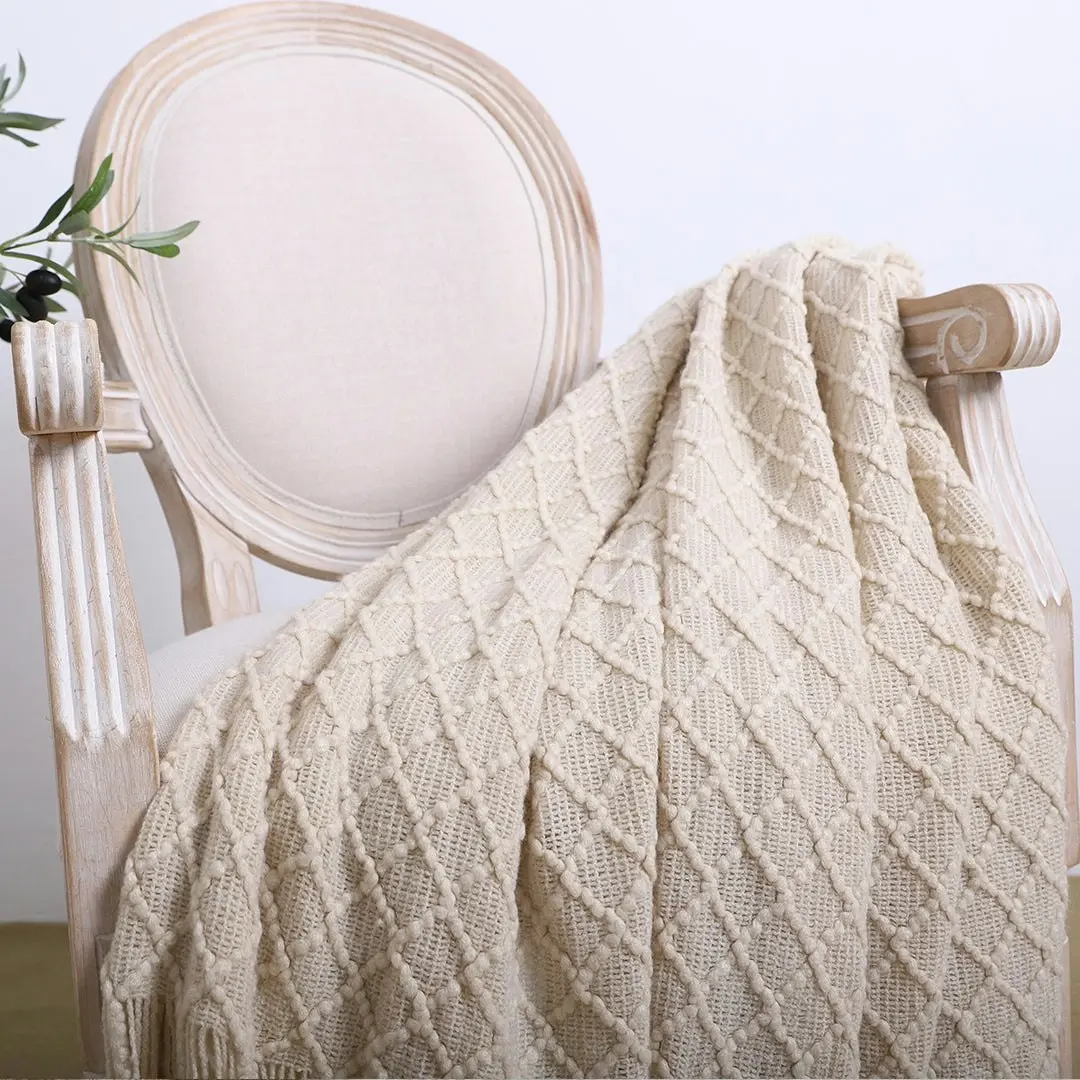 Soga Beige Diamond Pattern Knitted Throw Blanket Warm Cozy Woven Cover Couch Bed Sofa Home Decor with Tassels