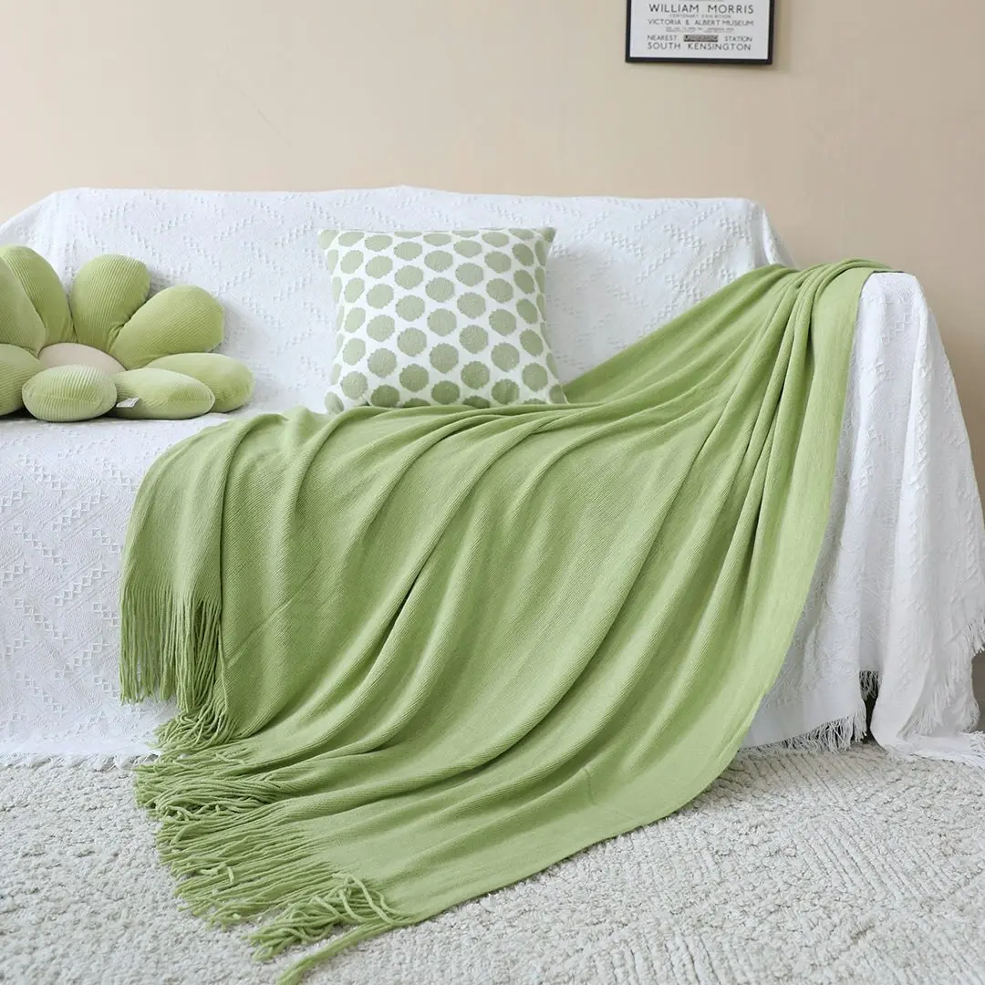 Soga Green Acrylic Knitted Throw Blanket Solid Fringed Warm Cozy Woven Cover Couch Bed Sofa Home Decor