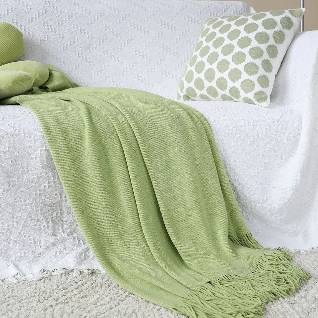 Soga Green Acrylic Knitted Throw Blanket Solid Fringed Warm Cozy Woven Cover Couch Bed Sofa Home Decor