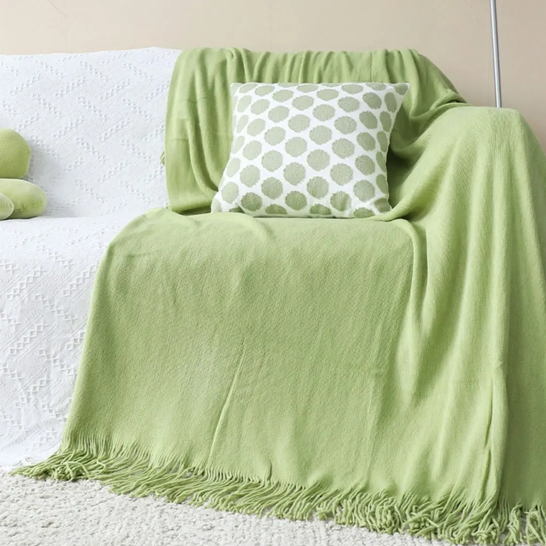 Soga Green Acrylic Knitted Throw Blanket Solid Fringed Warm Cozy Woven Cover Couch Bed Sofa Home Decor