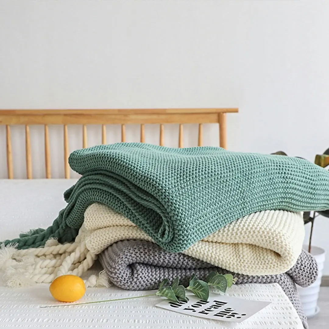 Soga Green Tassel Fringe Knitting Blanket Warm Cozy Woven Cover Couch Bed Sofa Home Decor