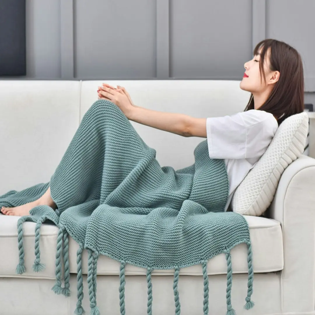 Soga Green Tassel Fringe Knitting Blanket Warm Cozy Woven Cover Couch Bed Sofa Home Decor