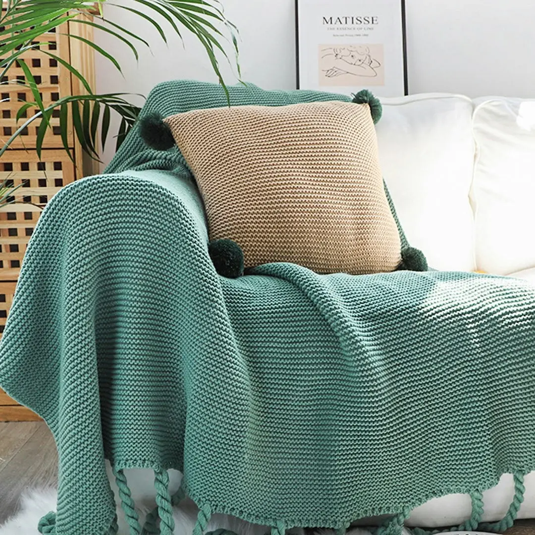 Soga Green Tassel Fringe Knitting Blanket Warm Cozy Woven Cover Couch Bed Sofa Home Decor