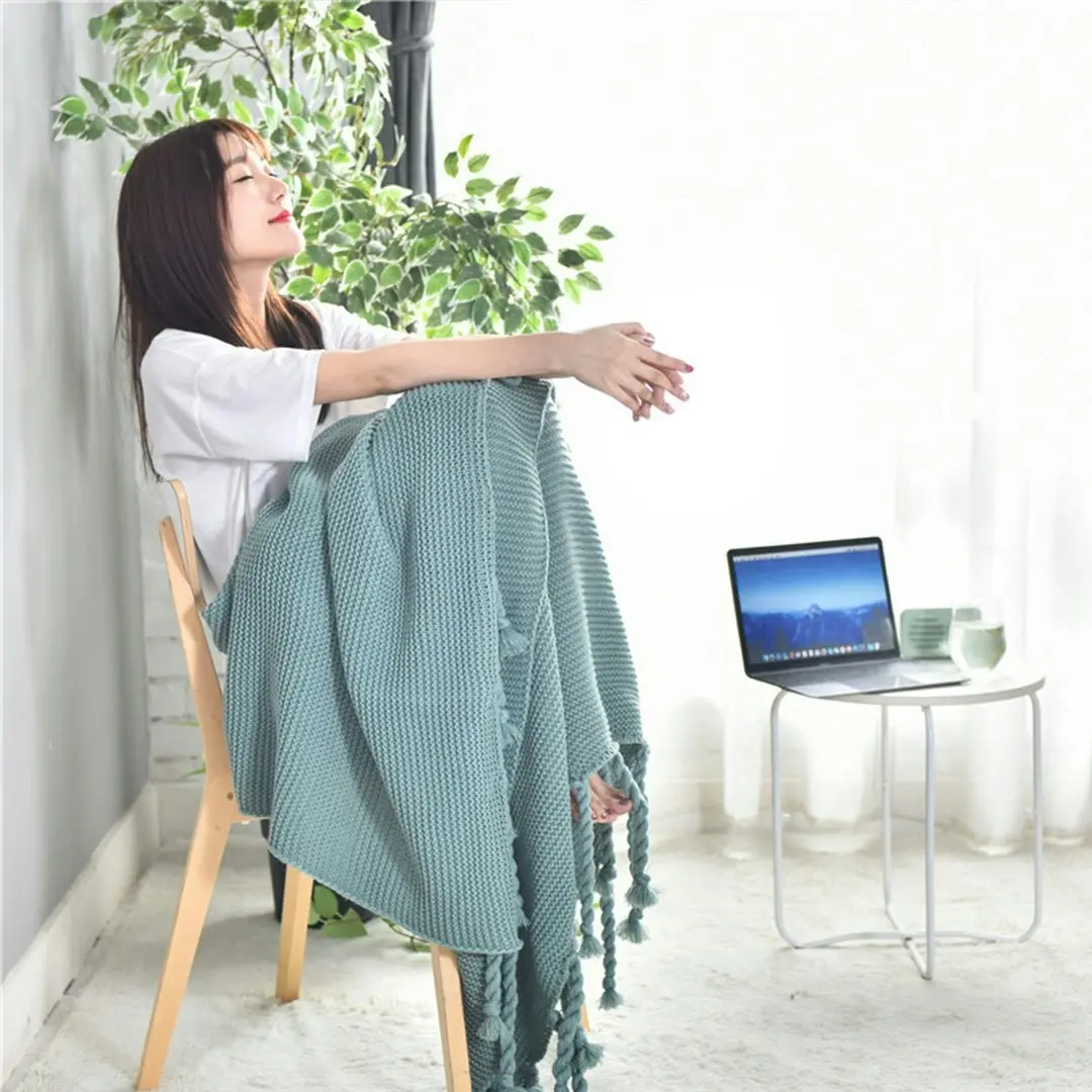 Soga Green Tassel Fringe Knitting Blanket Warm Cozy Woven Cover Couch Bed Sofa Home Decor