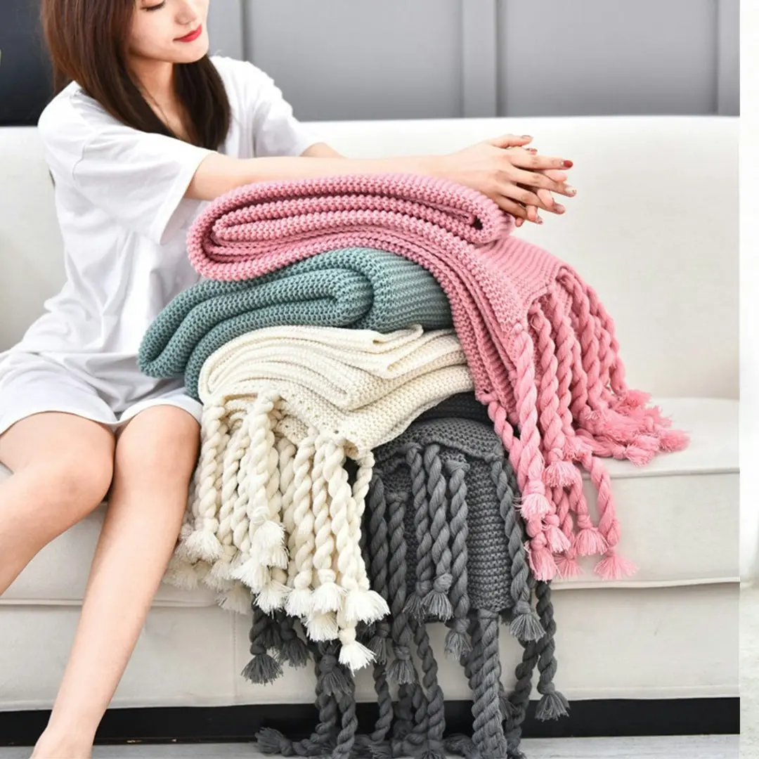 Soga Green Tassel Fringe Knitting Blanket Warm Cozy Woven Cover Couch Bed Sofa Home Decor