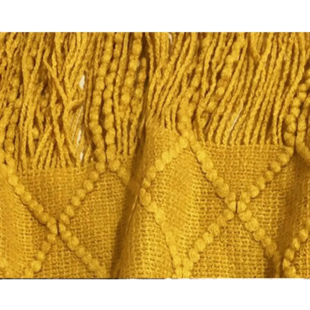 Soga Mustard Textured Knitted Throw Blanket Warm Cozy Woven Cover Couch Bed Sofa Home Decor with Tassels