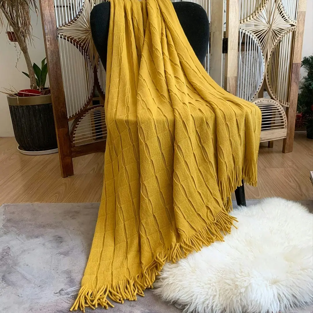 Soga Mustard Textured Knitted Throw Blanket Warm Cozy Woven Cover Couch Bed Sofa Home Decor with Tassels