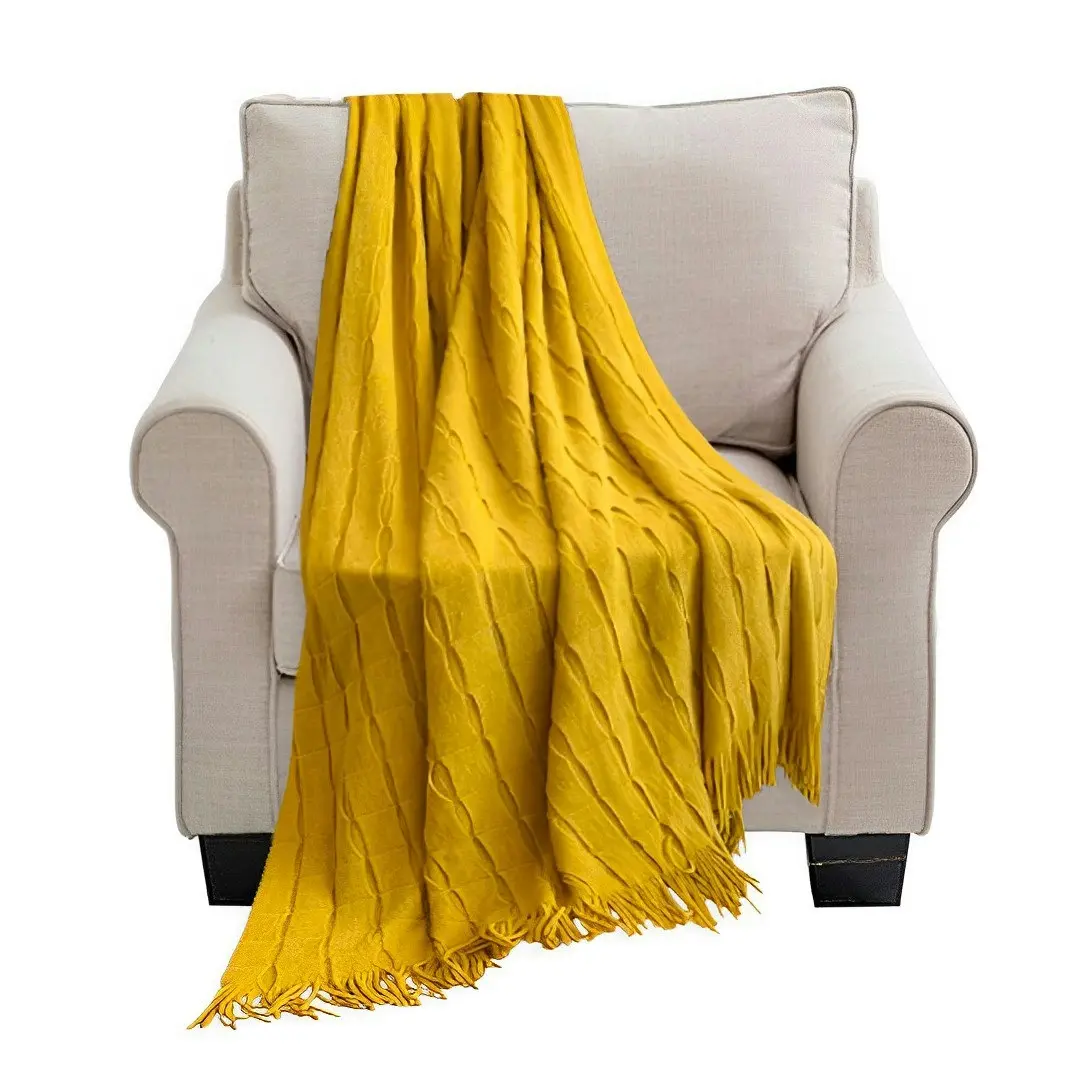 Soga Mustard Textured Knitted Throw Blanket Warm Cozy Woven Cover Couch Bed Sofa Home Decor with Tassels