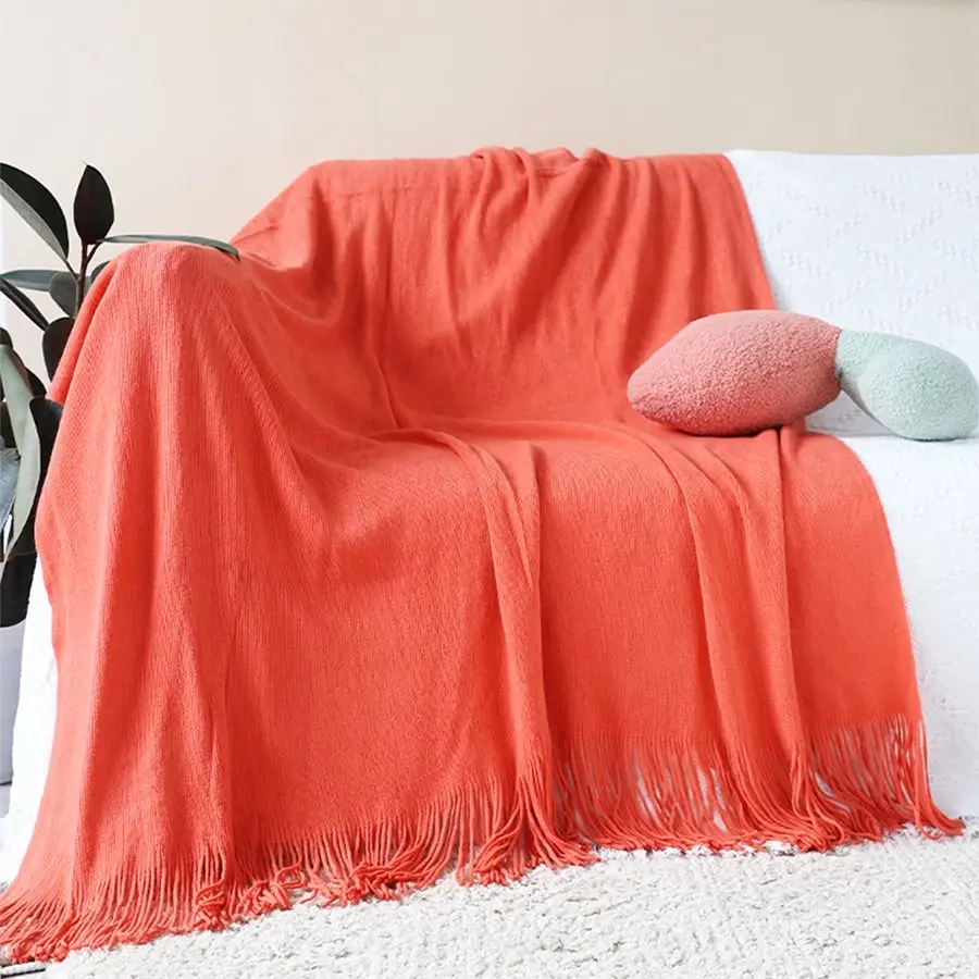 Soga Orange Acrylic Knitted Throw Blanket Solid Fringed Warm Cozy Woven Cover Couch Bed Sofa Home Decor