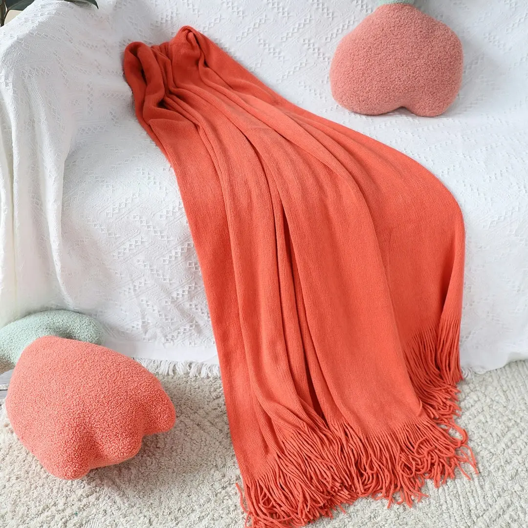 Soga Orange Acrylic Knitted Throw Blanket Solid Fringed Warm Cozy Woven Cover Couch Bed Sofa Home Decor