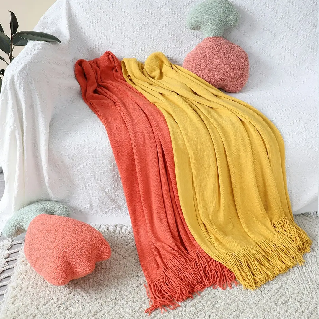 Soga Orange Acrylic Knitted Throw Blanket Solid Fringed Warm Cozy Woven Cover Couch Bed Sofa Home Decor