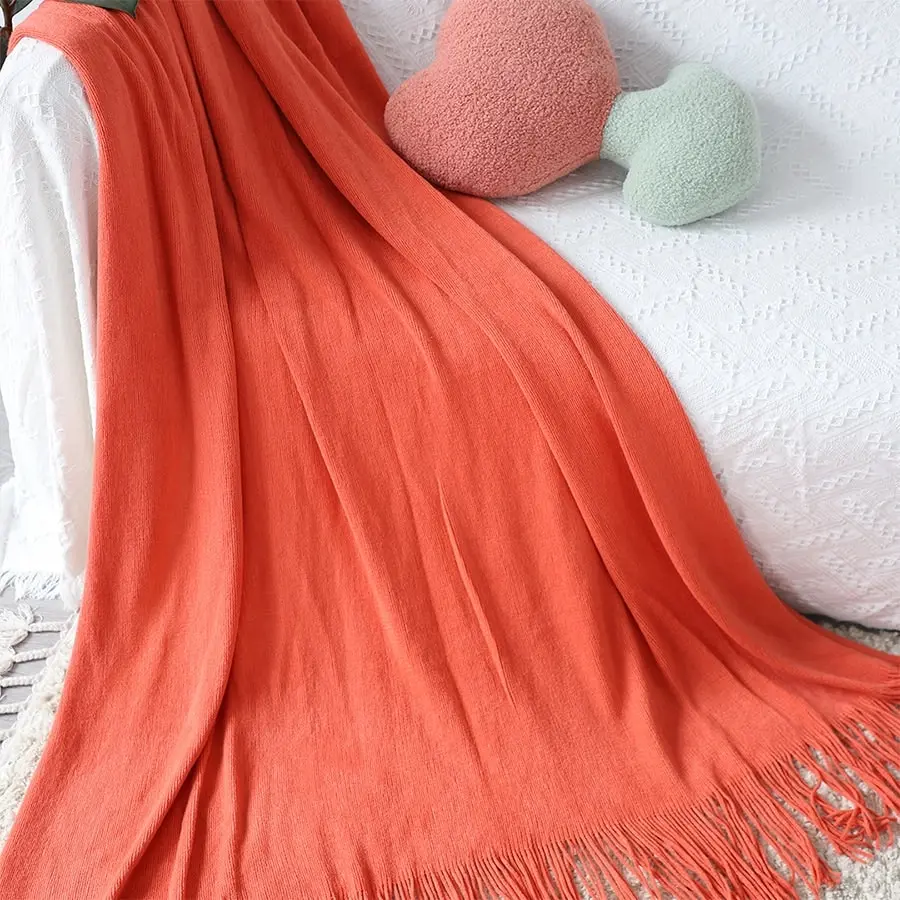 Soga Orange Acrylic Knitted Throw Blanket Solid Fringed Warm Cozy Woven Cover Couch Bed Sofa Home Decor