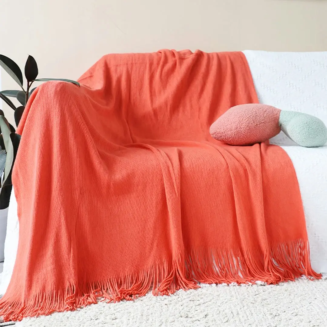 Soga Orange Acrylic Knitted Throw Blanket Solid Fringed Warm Cozy Woven Cover Couch Bed Sofa Home Decor