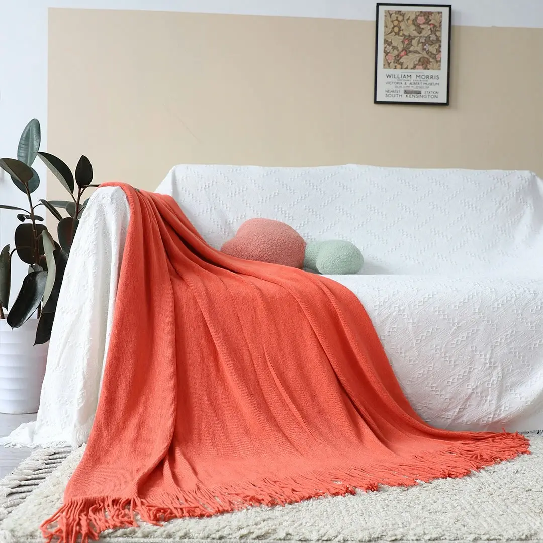 Soga Orange Acrylic Knitted Throw Blanket Solid Fringed Warm Cozy Woven Cover Couch Bed Sofa Home Decor