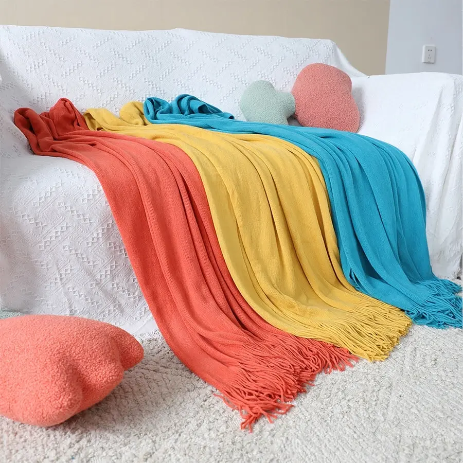 Soga Orange Acrylic Knitted Throw Blanket Solid Fringed Warm Cozy Woven Cover Couch Bed Sofa Home Decor