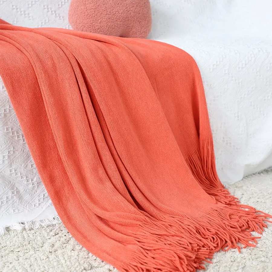 Soga Orange Acrylic Knitted Throw Blanket Solid Fringed Warm Cozy Woven Cover Couch Bed Sofa Home Decor