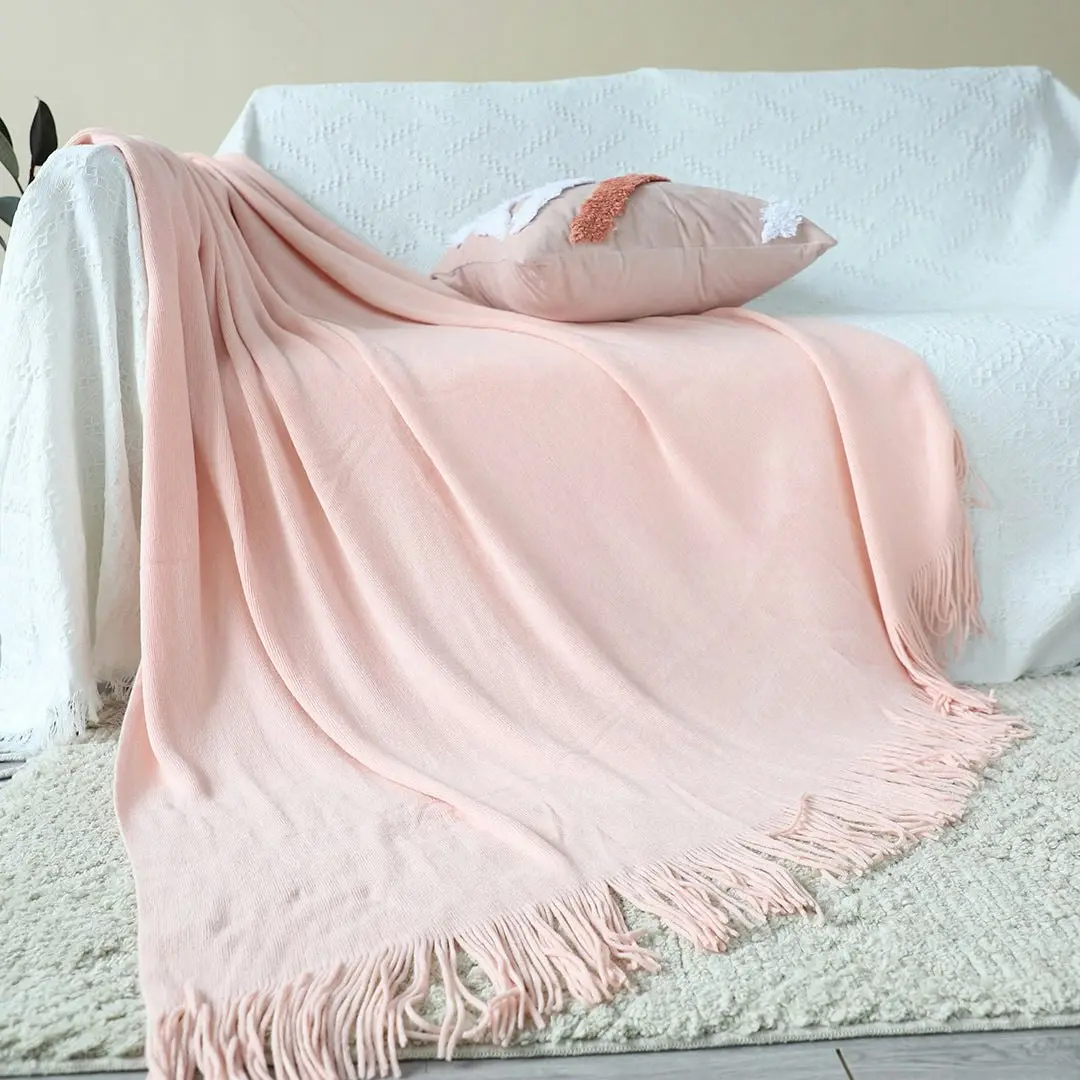 Soga Pink Acrylic Knitted Throw Blanket Solid Fringed Warm Cozy Woven Cover Couch Bed Sofa Home Decor