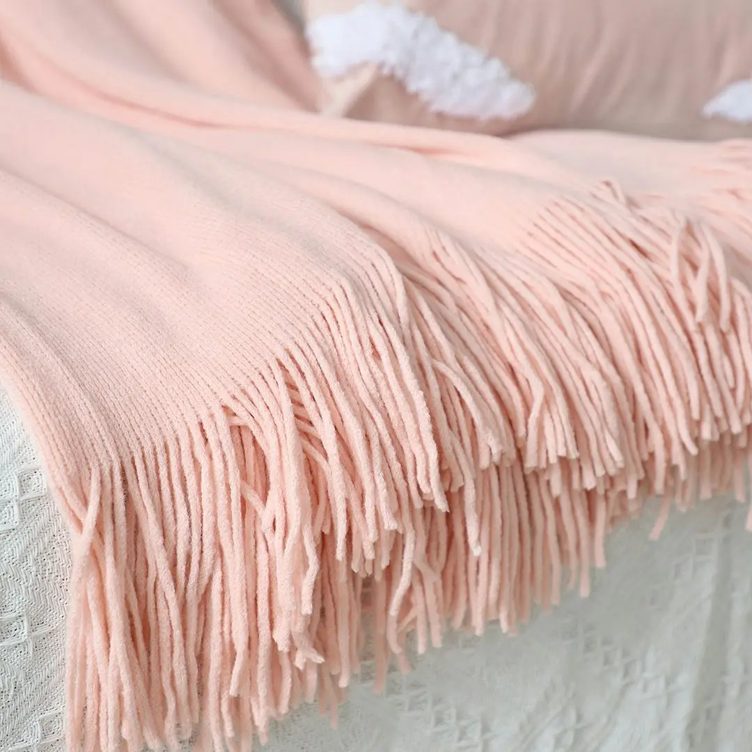 Soga Pink Acrylic Knitted Throw Blanket Solid Fringed Warm Cozy Woven Cover Couch Bed Sofa Home Decor