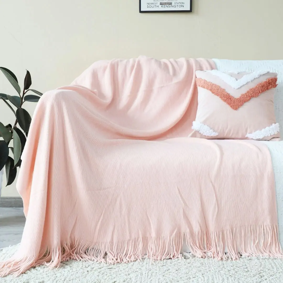 Soga Pink Acrylic Knitted Throw Blanket Solid Fringed Warm Cozy Woven Cover Couch Bed Sofa Home Decor