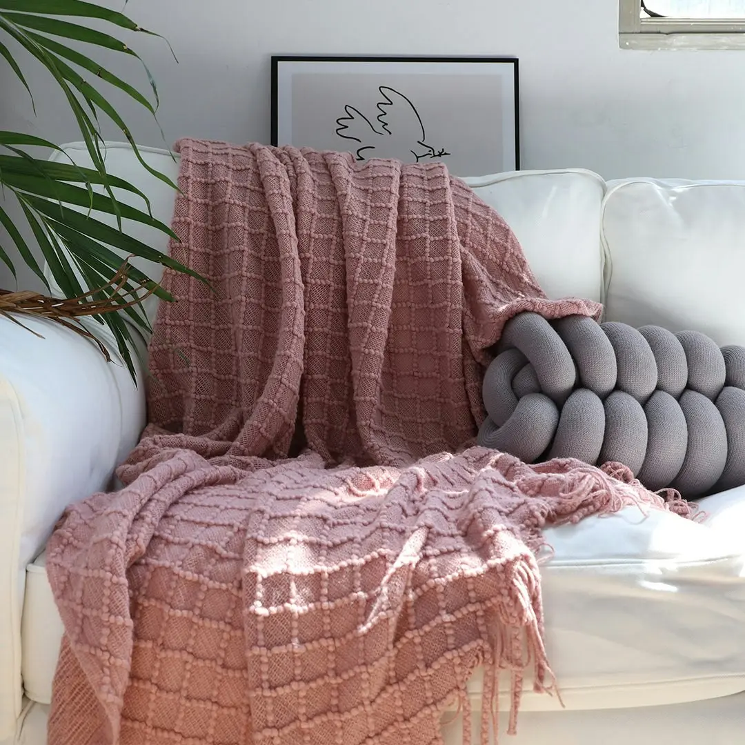 Soga Pink Diamond Pattern Knitted Throw Blanket Warm Cozy Woven Cover Couch Bed Sofa Home Decor with Tassels