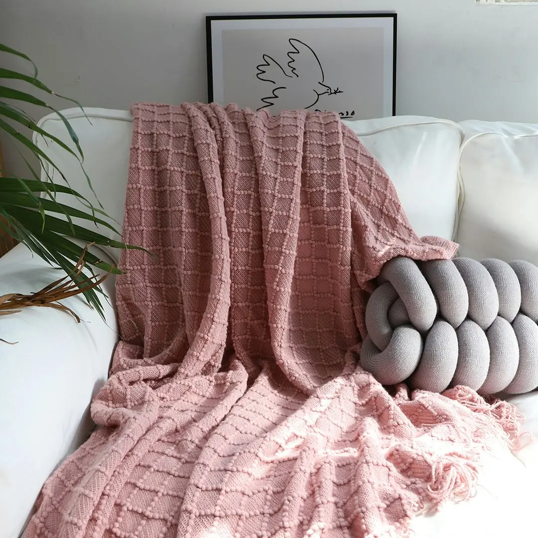 Soga Pink Diamond Pattern Knitted Throw Blanket Warm Cozy Woven Cover Couch Bed Sofa Home Decor with Tassels