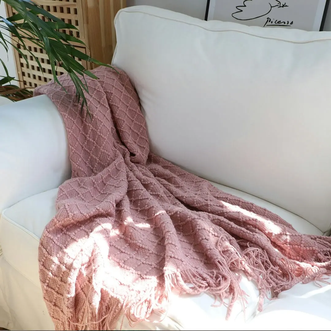 Soga Pink Diamond Pattern Knitted Throw Blanket Warm Cozy Woven Cover Couch Bed Sofa Home Decor with Tassels