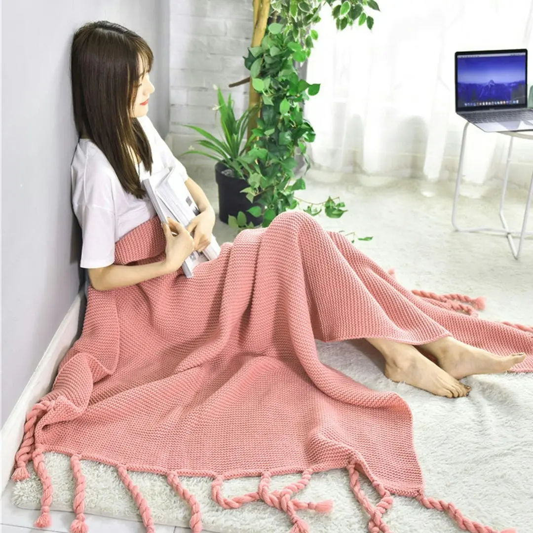 Soga Pink Tassel Fringe Knitting Blanket Warm Cozy Woven Cover Couch Bed Sofa Home Decor