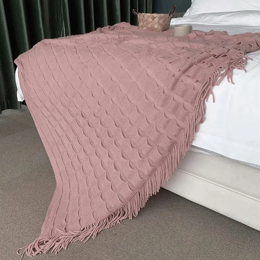 Soga Pink Textured Knitted Throw Blanket Warm Cozy Woven Cover Couch Bed Sofa Home Decor with Tassels