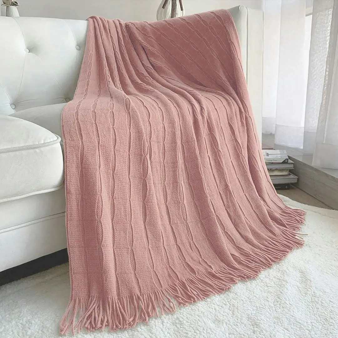 Soga Pink Textured Knitted Throw Blanket Warm Cozy Woven Cover Couch Bed Sofa Home Decor with Tassels