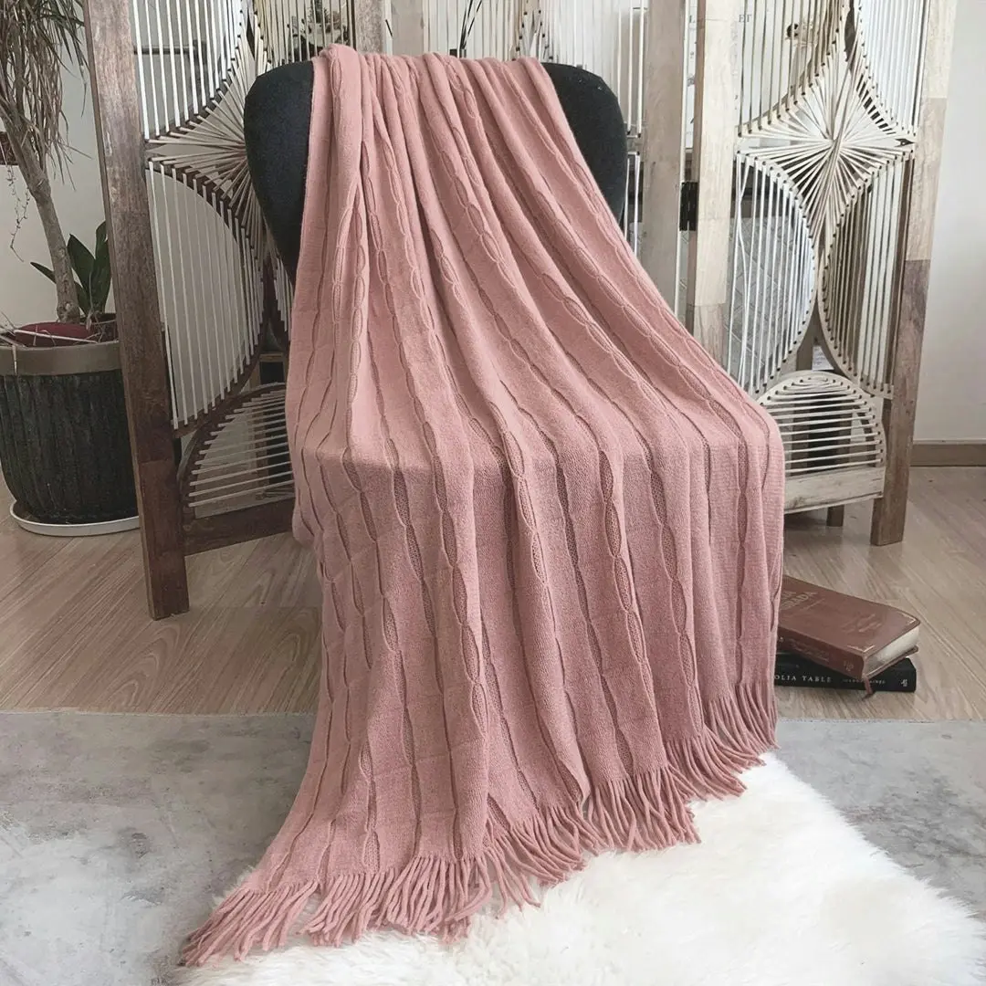 Soga Pink Textured Knitted Throw Blanket Warm Cozy Woven Cover Couch Bed Sofa Home Decor with Tassels