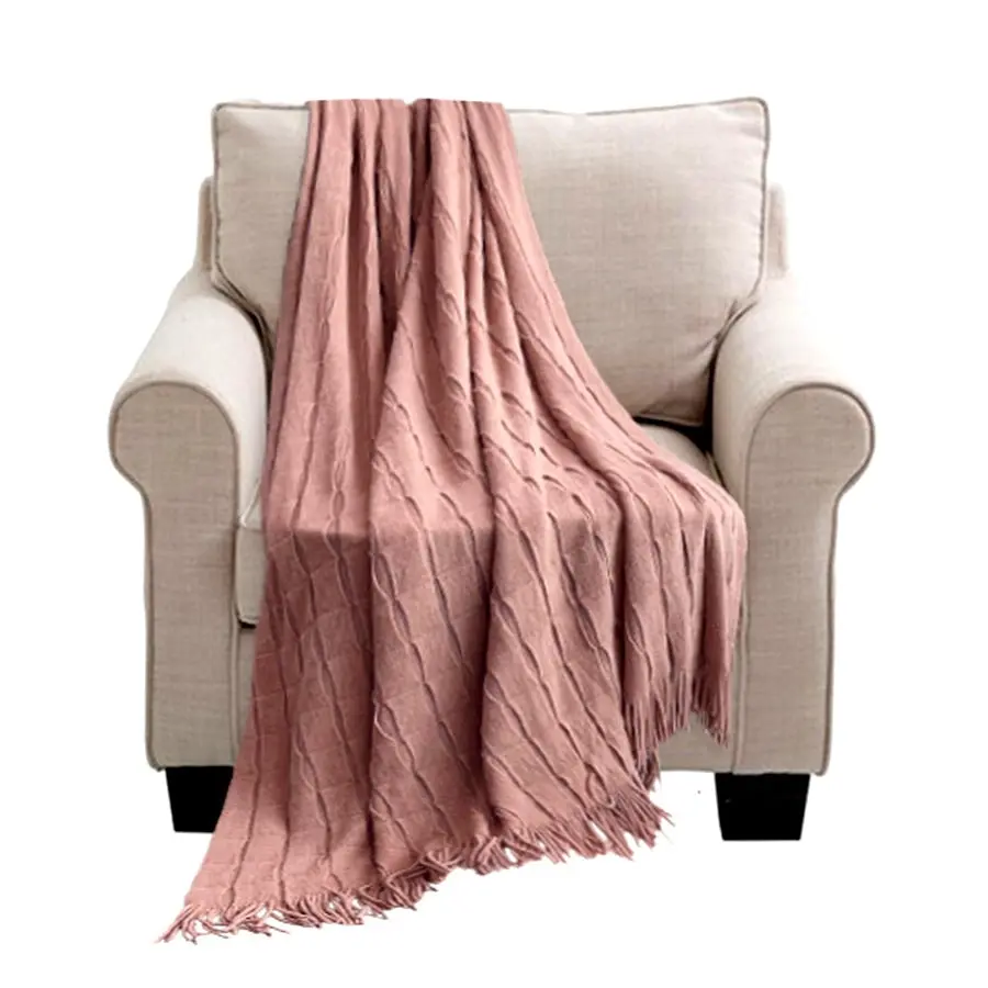 Soga Pink Textured Knitted Throw Blanket Warm Cozy Woven Cover Couch Bed Sofa Home Decor with Tassels