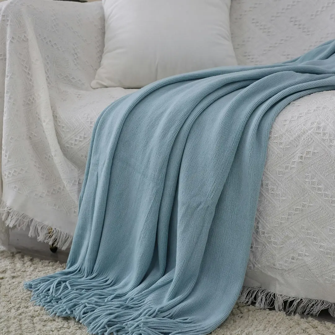 Soga Sky Blue Acrylic Knitted Throw Blanket Solid Fringed Warm Cozy Woven Cover Couch Bed Sofa Home Decor