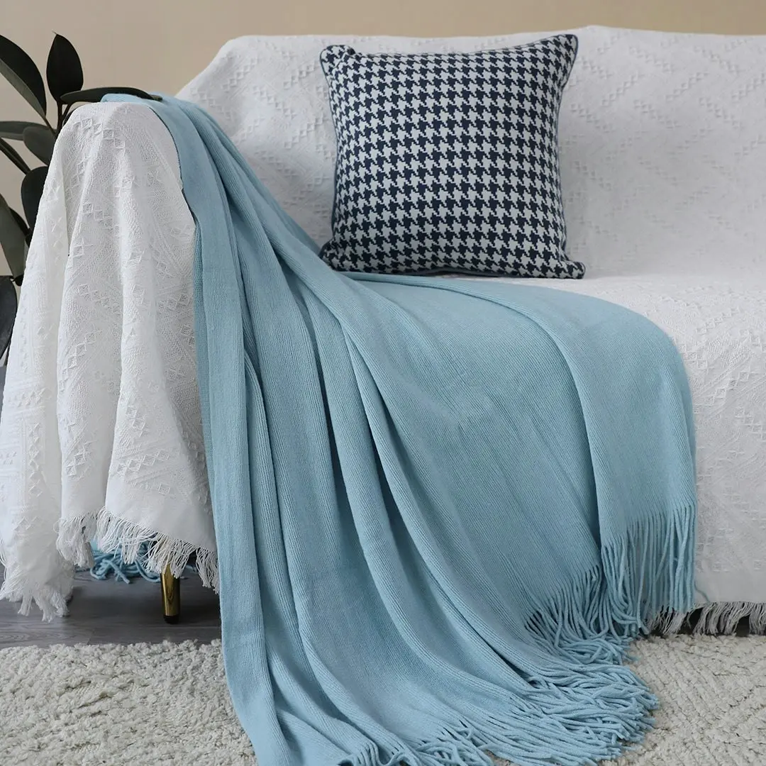 Soga Sky Blue Acrylic Knitted Throw Blanket Solid Fringed Warm Cozy Woven Cover Couch Bed Sofa Home Decor