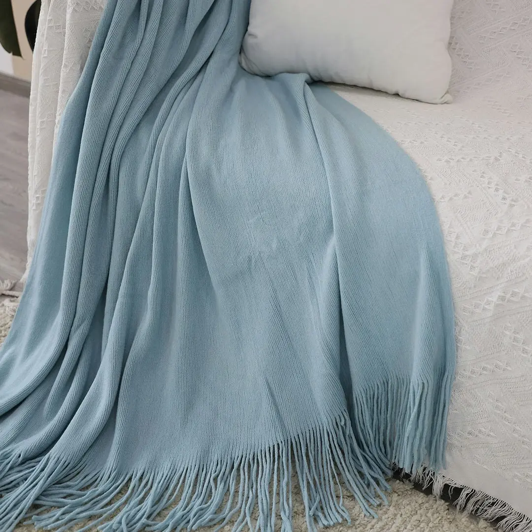 Soga Sky Blue Acrylic Knitted Throw Blanket Solid Fringed Warm Cozy Woven Cover Couch Bed Sofa Home Decor