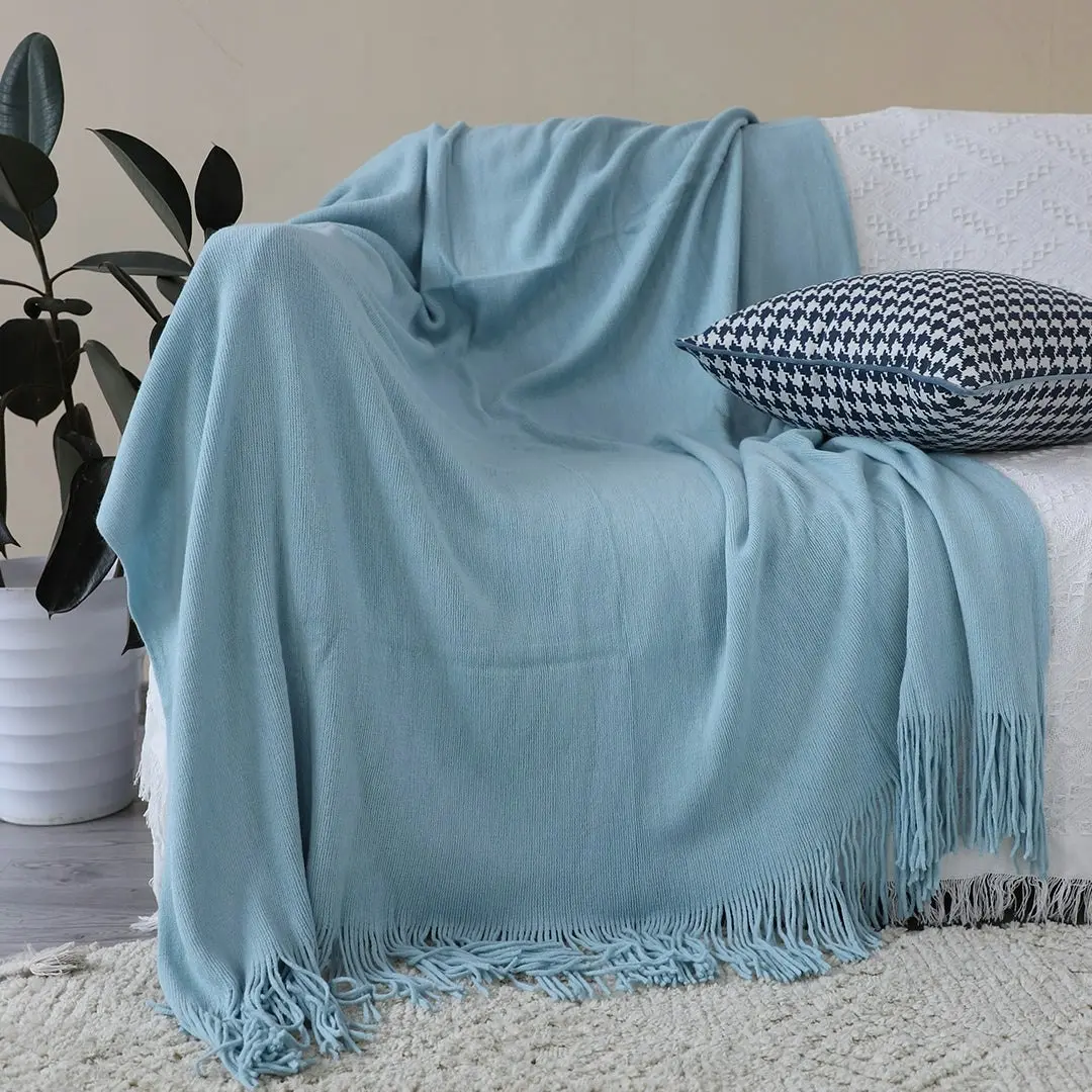 Soga Sky Blue Acrylic Knitted Throw Blanket Solid Fringed Warm Cozy Woven Cover Couch Bed Sofa Home Decor