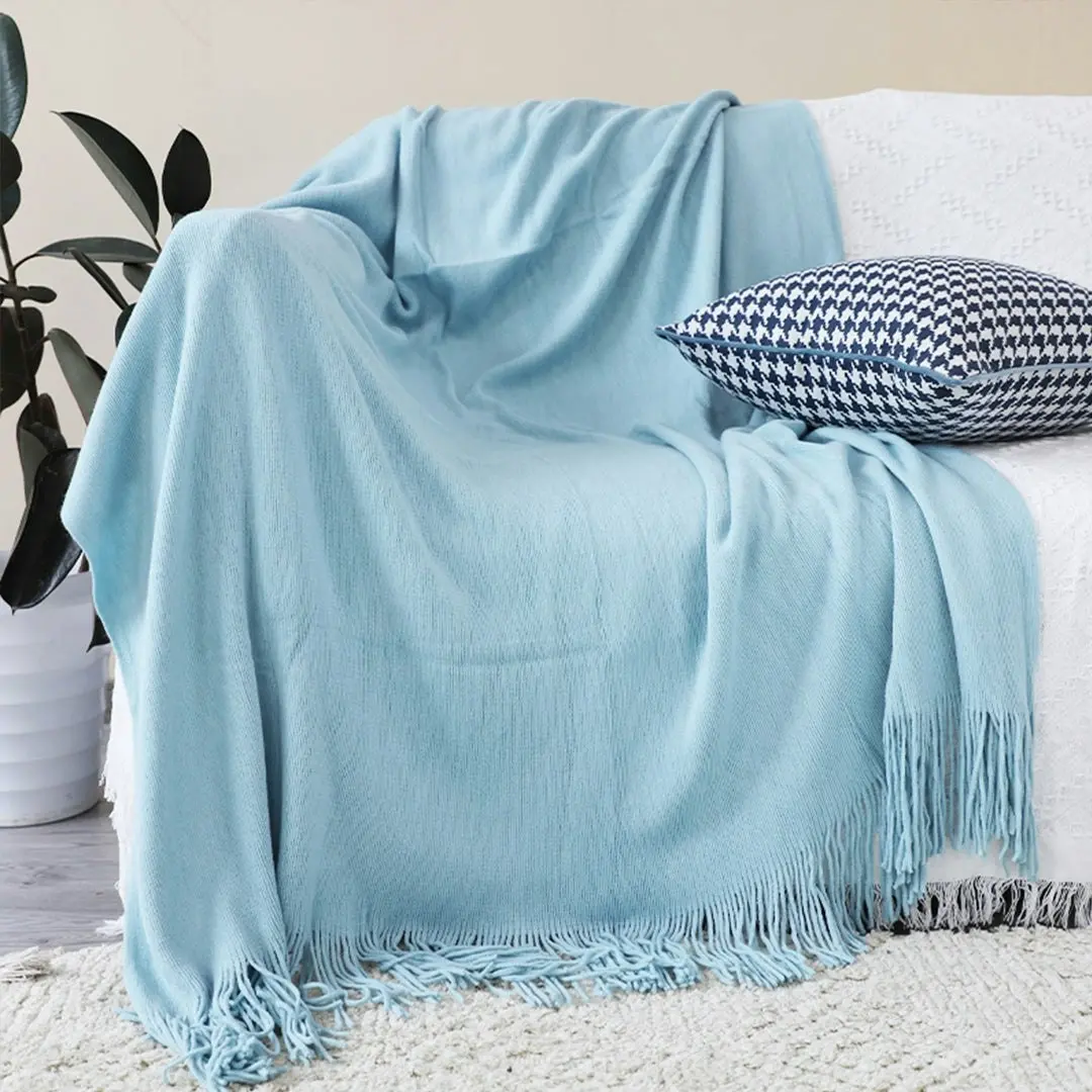 Soga Sky Blue Acrylic Knitted Throw Blanket Solid Fringed Warm Cozy Woven Cover Couch Bed Sofa Home Decor