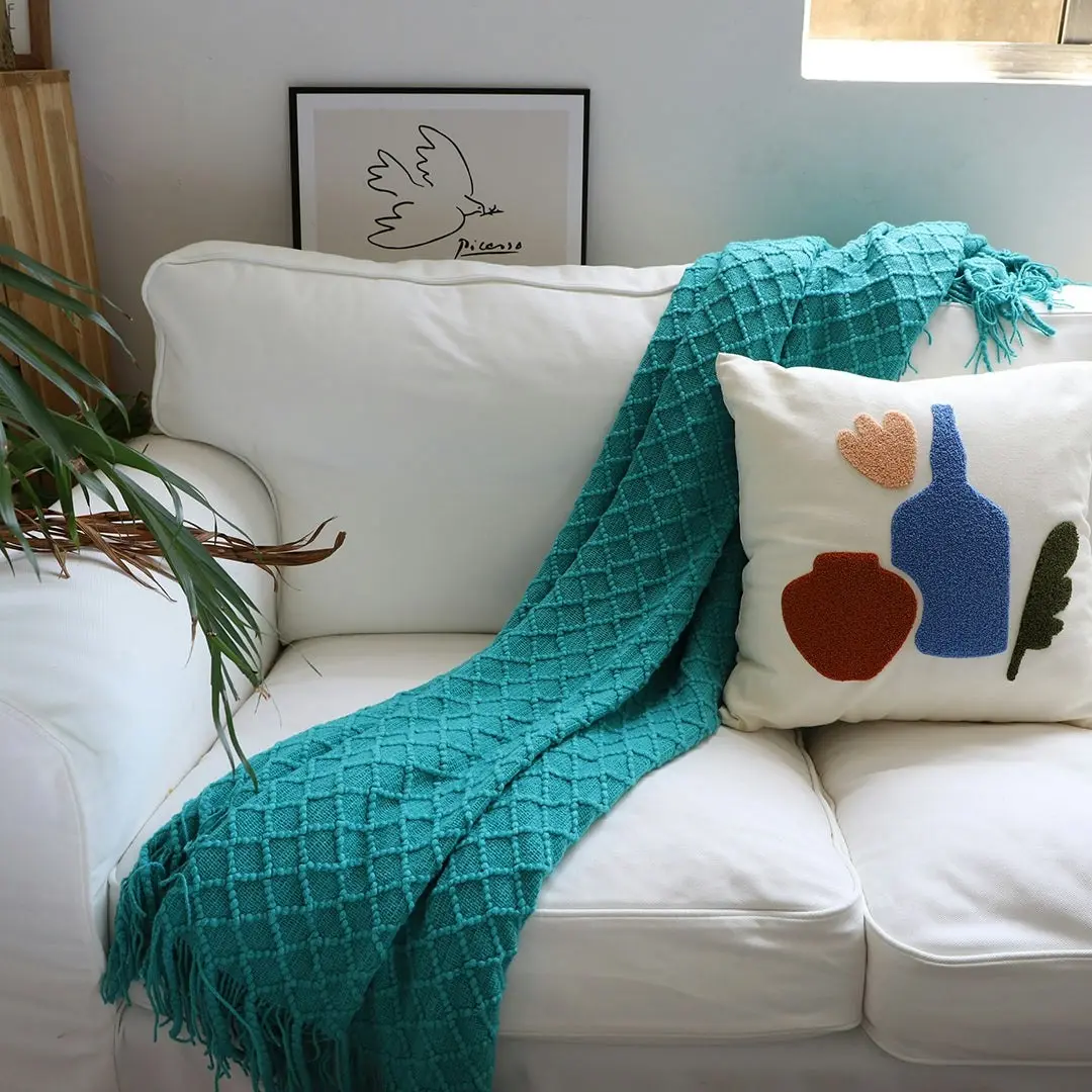 Soga Teal Diamond Pattern Knitted Throw Blanket Warm Cozy Woven Cover Couch Bed Sofa Home Decor with Tassels