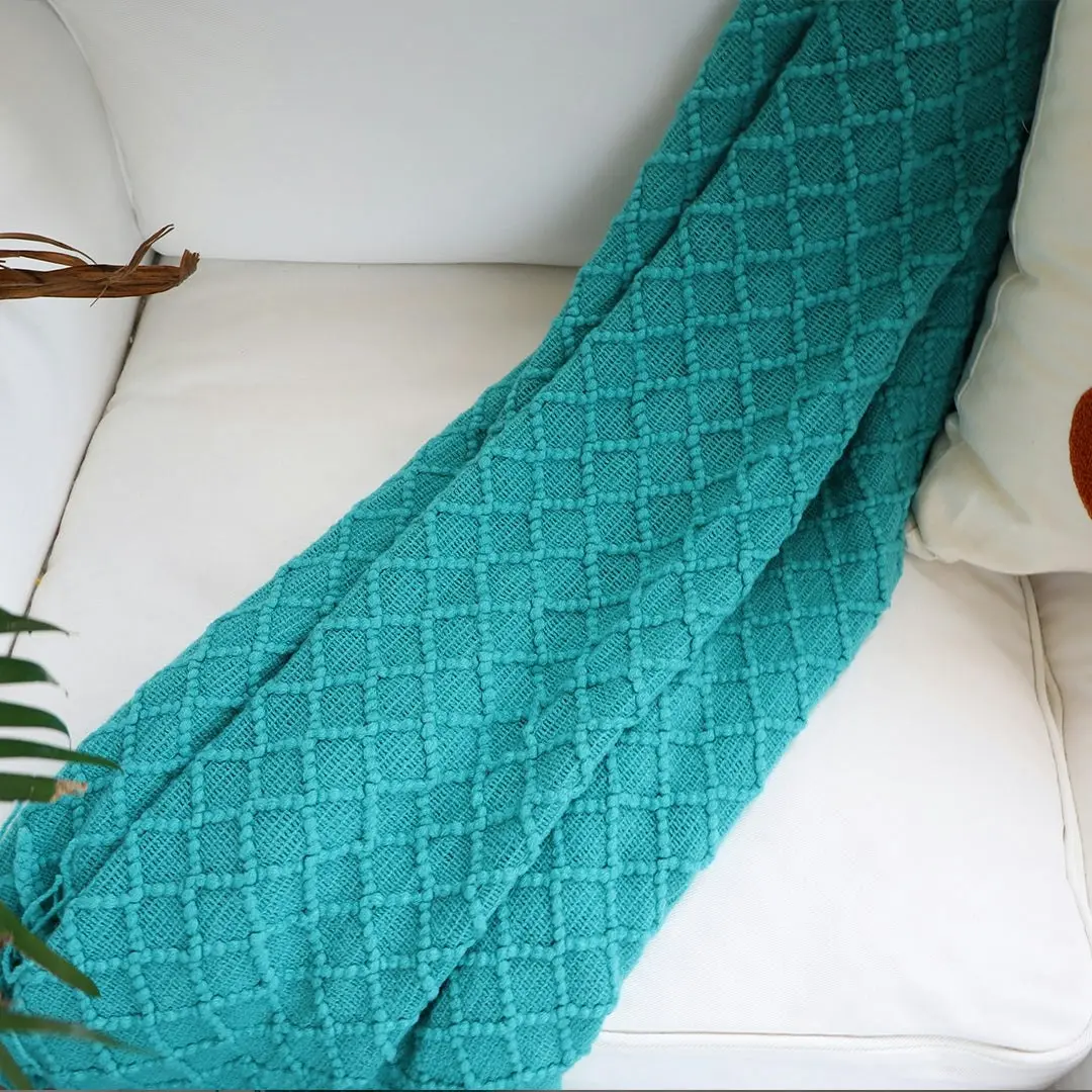 Soga Teal Diamond Pattern Knitted Throw Blanket Warm Cozy Woven Cover Couch Bed Sofa Home Decor with Tassels